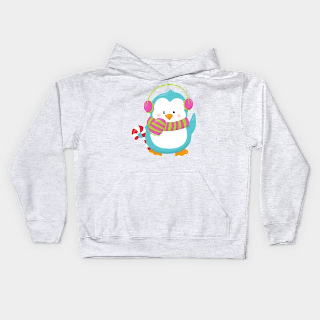 Cute Penguin, Blue Penguin, Penguin With Scarf Kids Hoodie by Jelena Dunčević